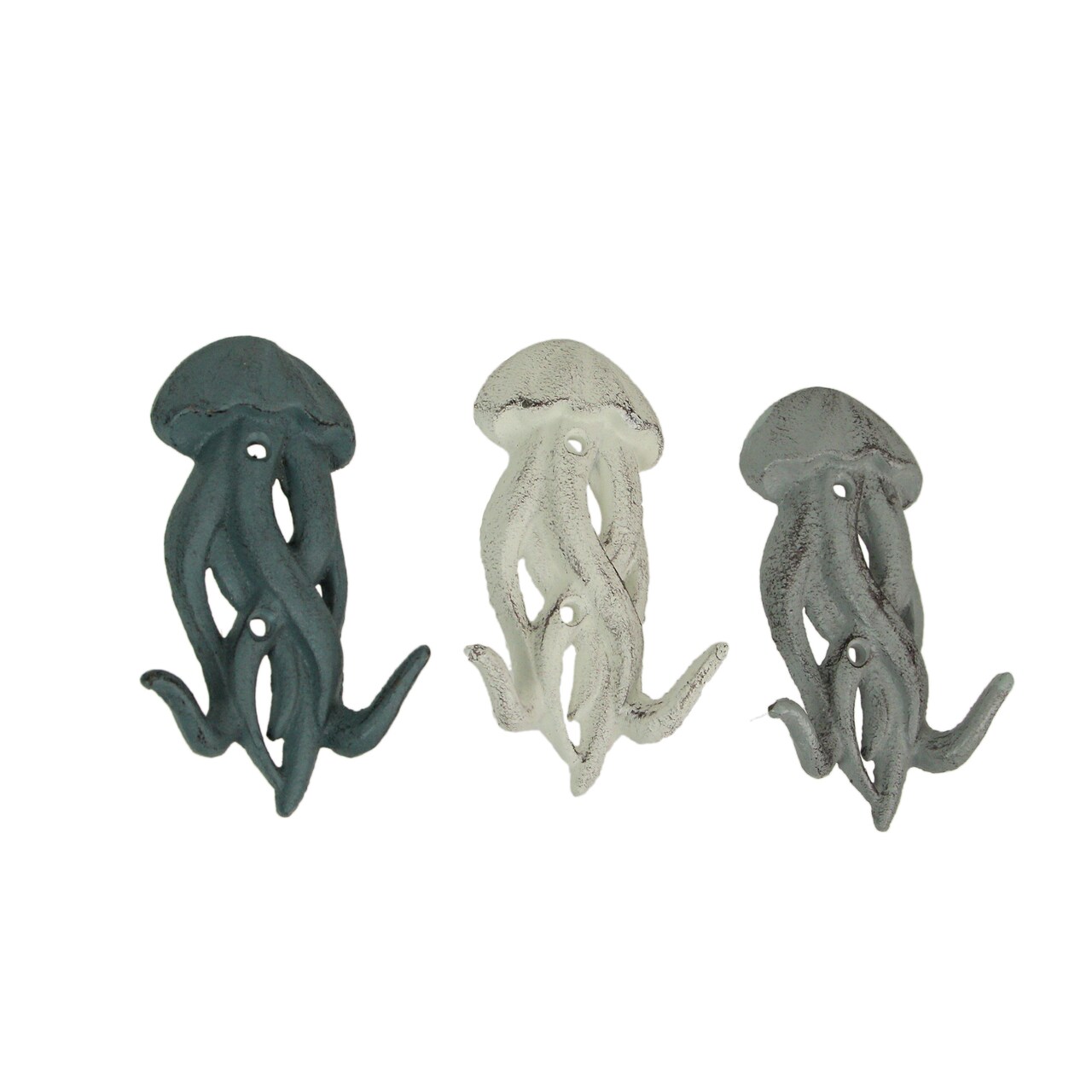Set of 3 Cast Iron Jellyfish Wall Hooks 5 Inches High - Blue , Gray, White